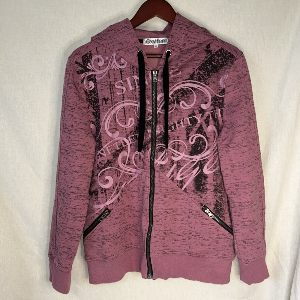 Women's XL Oxygen Full Zip Up Hoodie Pink Streetwear/Y2K Filigree Design